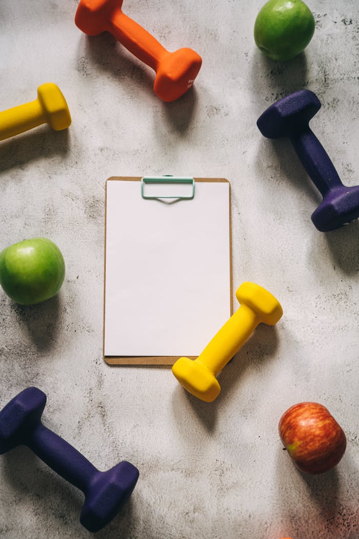 Vibrant dumbbells and fruits surround a clipboard on a textured surface, ideal for fitness themes.